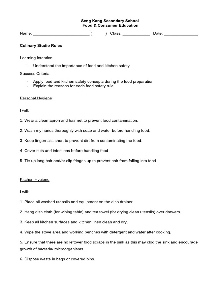 Culinary Safety Rules for Students | PDF