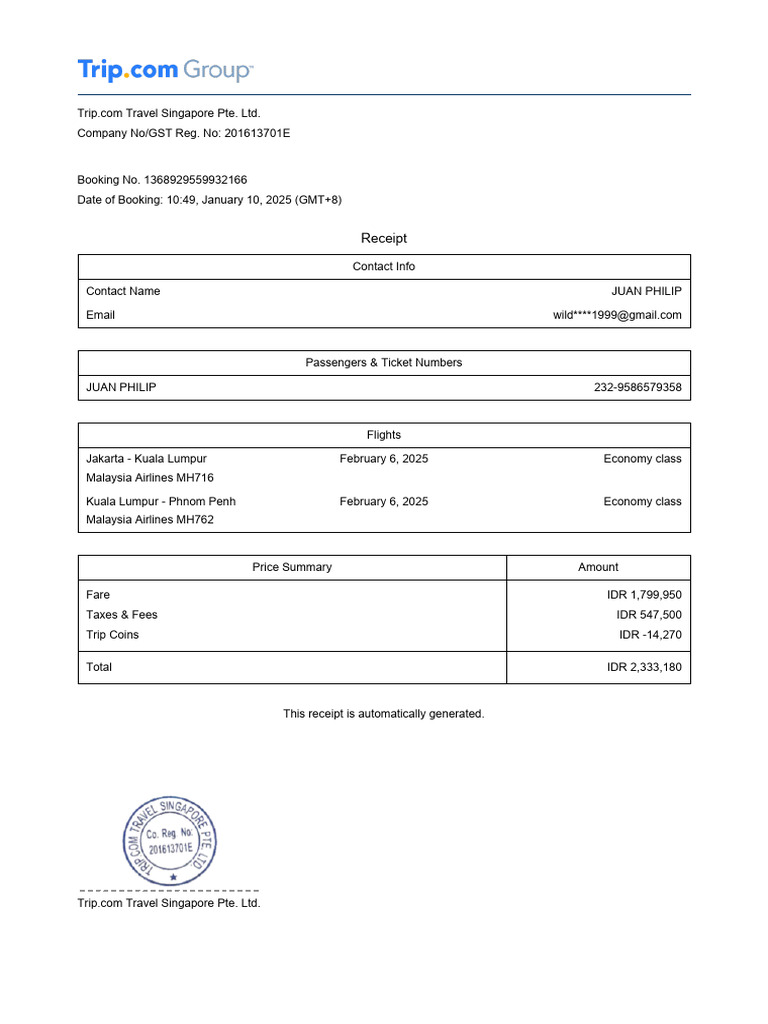 Trip.com Flight Booking Receipt | PDF