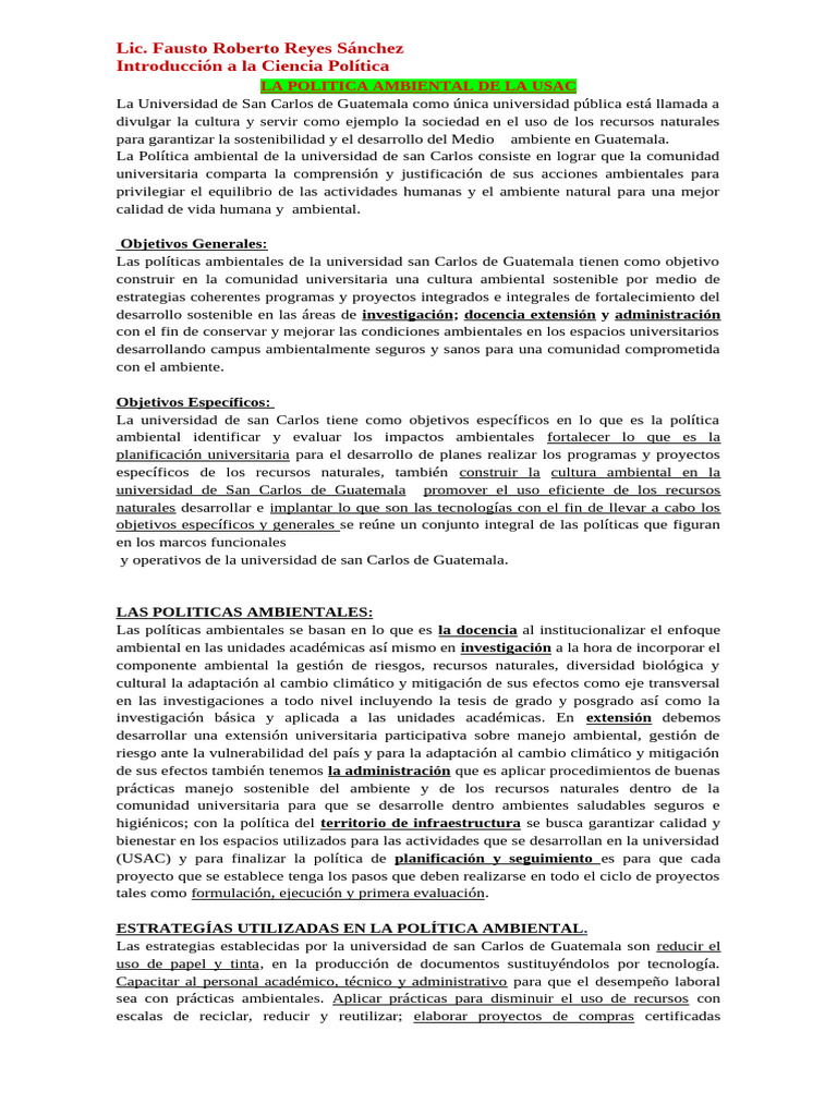 Política Ambiental de la USAC: Sostenibilidad | PDF | Sustentabilidad ...