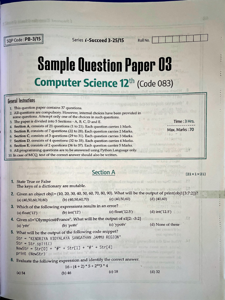 Practice SAMPLE PAPER 1 Comp Sci - 124619 | PDF | Computer Programming ...