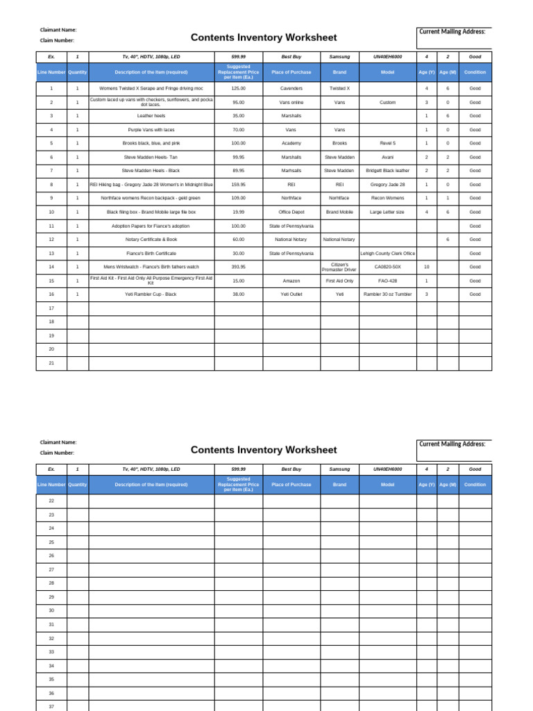 Contents Inventory Worksheet | PDF