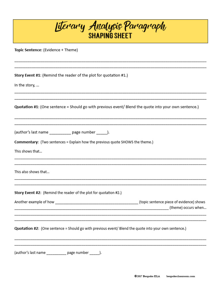 Literary+Analysis+Paragraph+Shaping+Sheet+by+Bespoke+ELA | PDF ...