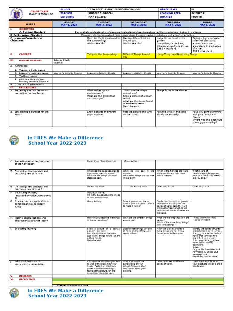 Science Q4 W1 DLL May 1 52023 | PDF | Learning | Teachers