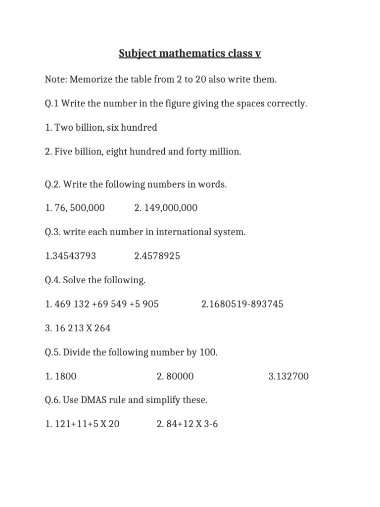 Mathematics Class V: Number Concepts & Geometry | PDF