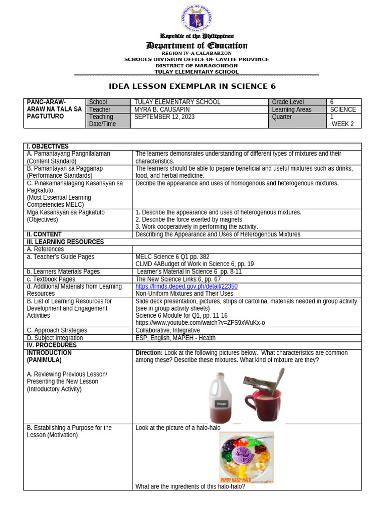 Cot 1 Science 6 Q1 W2 Lesson Exemplar | PDF | Mixture | Water