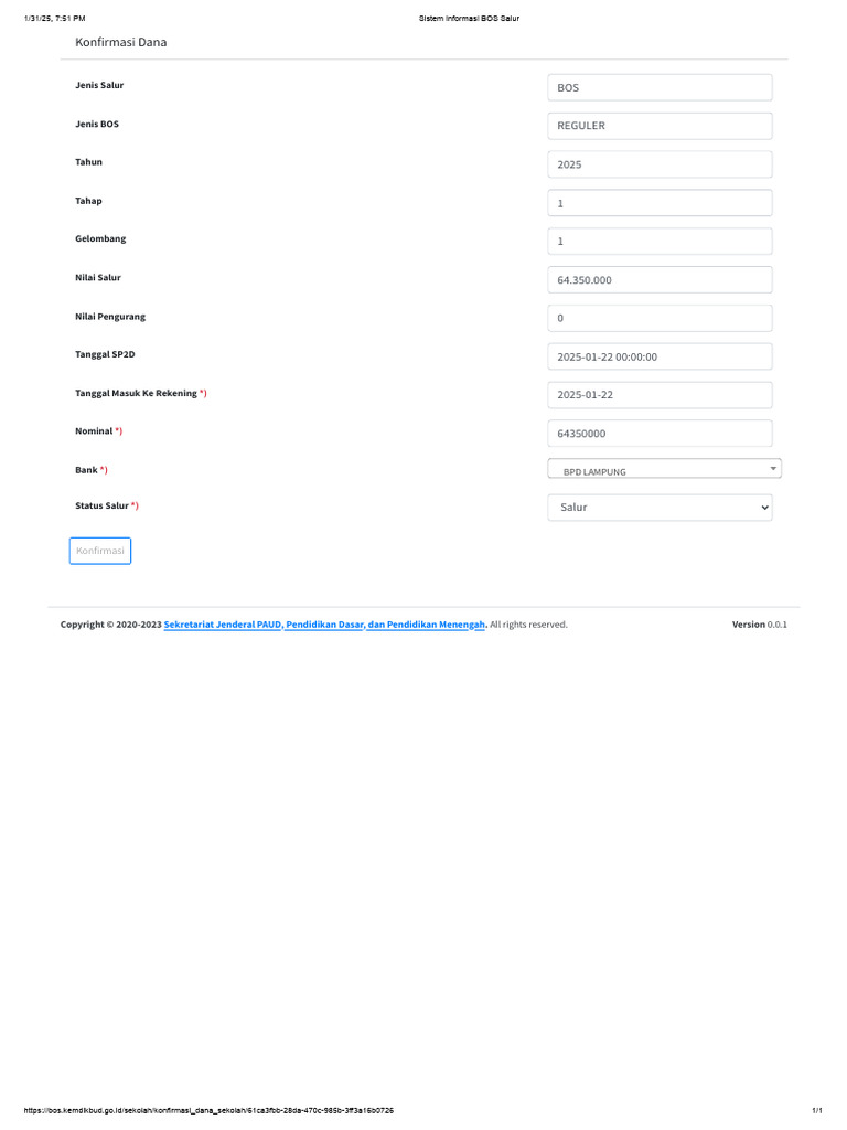 Bukti Konfirmasi Bos Salur Tahap 1 SDN 5 BP | PDF