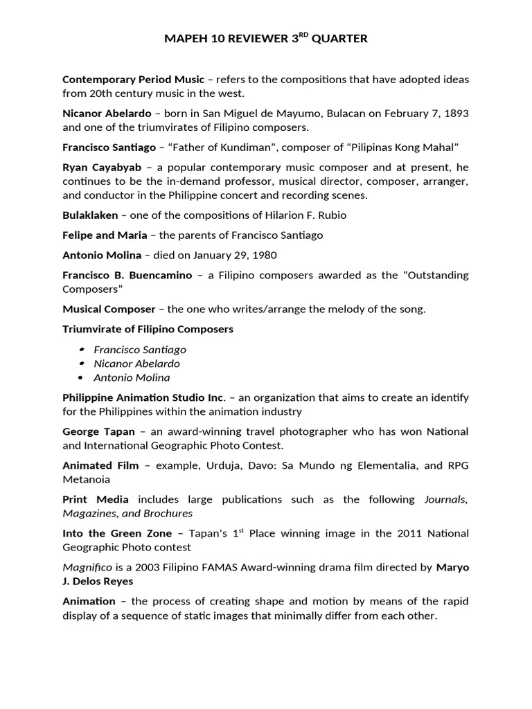 MAPEH 10 3rd Quarter Review Guide | PDF