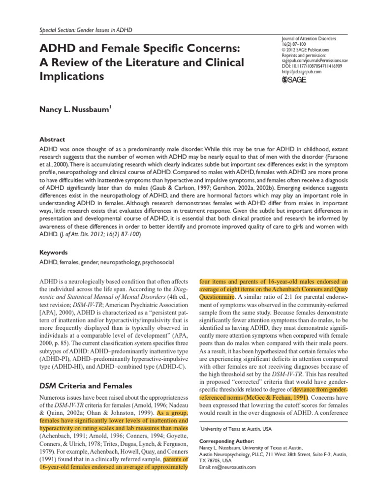 Female Specific Concerns ADHD | PDF | Attention Deficit Hyperactivity ...