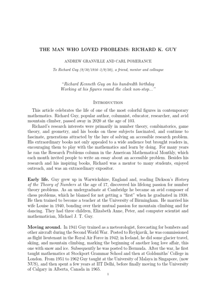 Richard K. Guy: A Mathematical Legacy | PDF | Mathematics