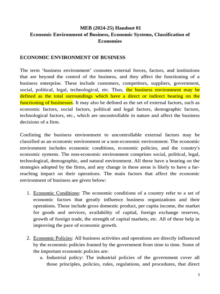 Economic Environment of Business 2024-25 | PDF | Economics | Macroeconomics