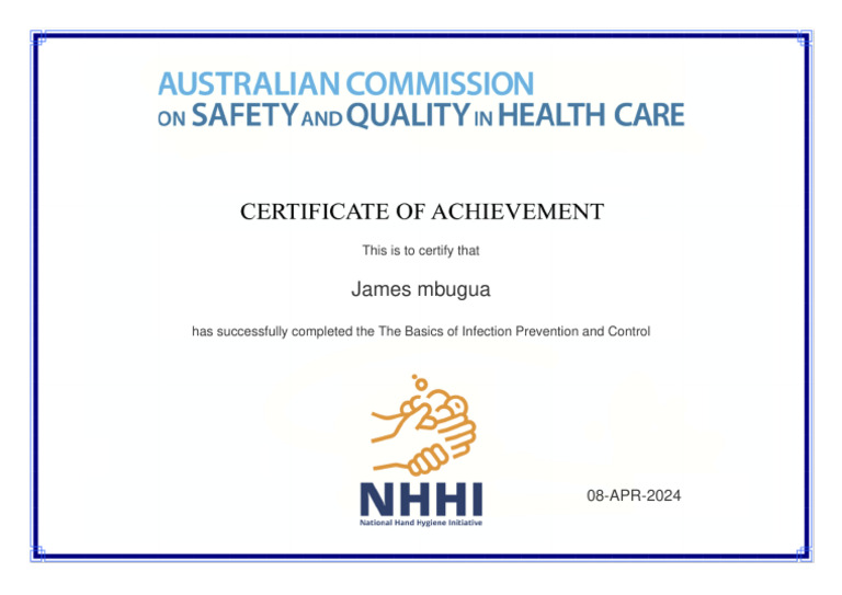 Infection Control Certification for James Mbugua | PDF