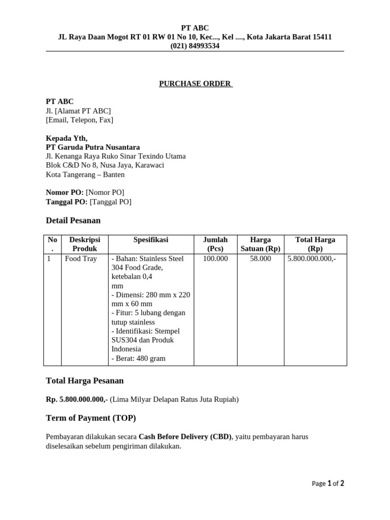 Format Purchase Order - Food Tray PT Garuda Putra Nusantara | PDF