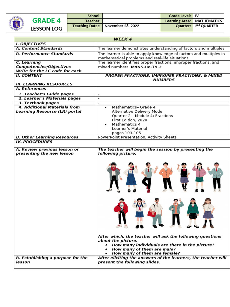 Grade 4 Math: Fractions Lesson Log | PDF | Learning | Teachers
