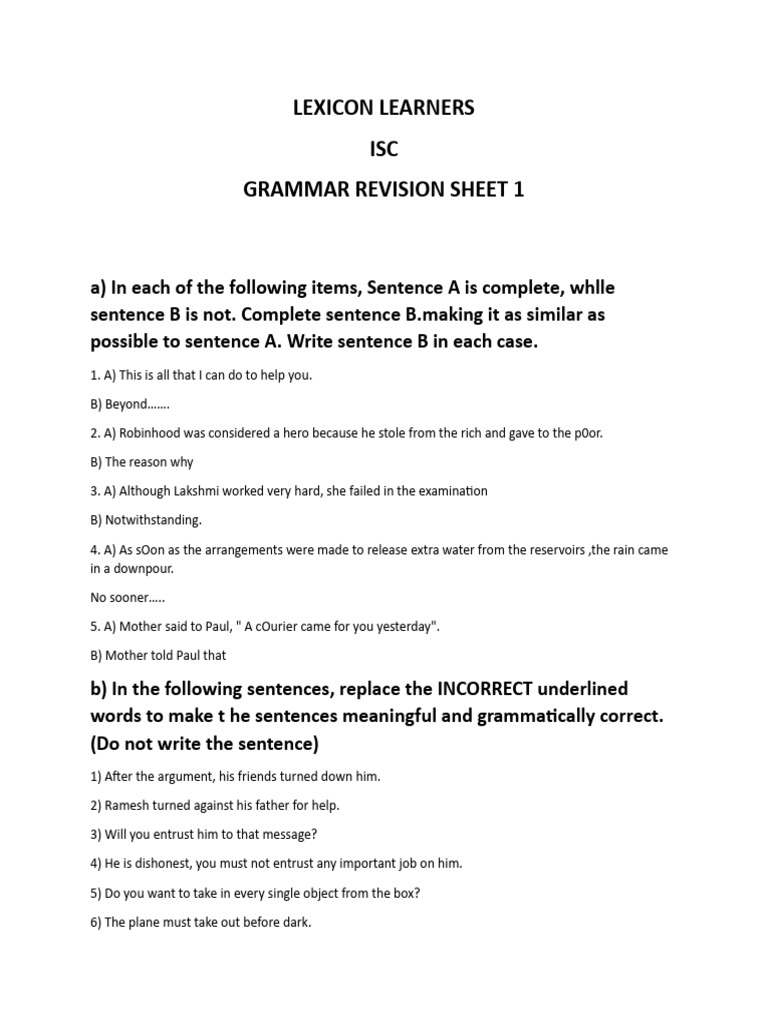 ISC Grammar Revision Worksheet 1 | PDF