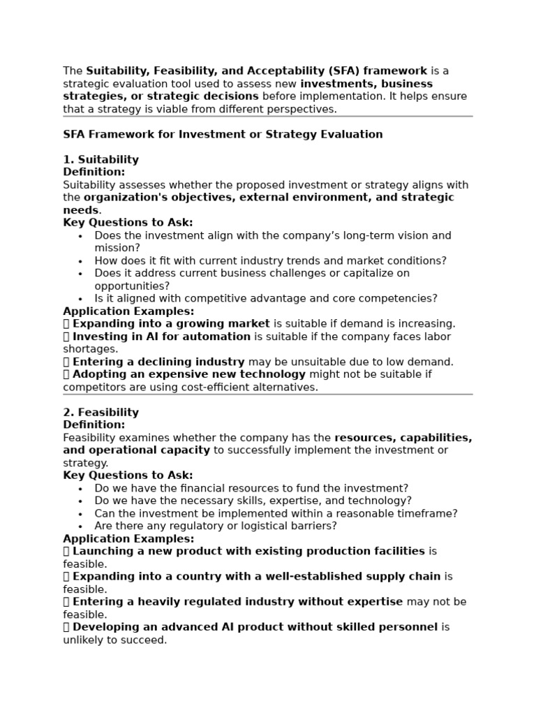 SFA Framework for Strategic Evaluation | PDF | Return On Investment | Risk