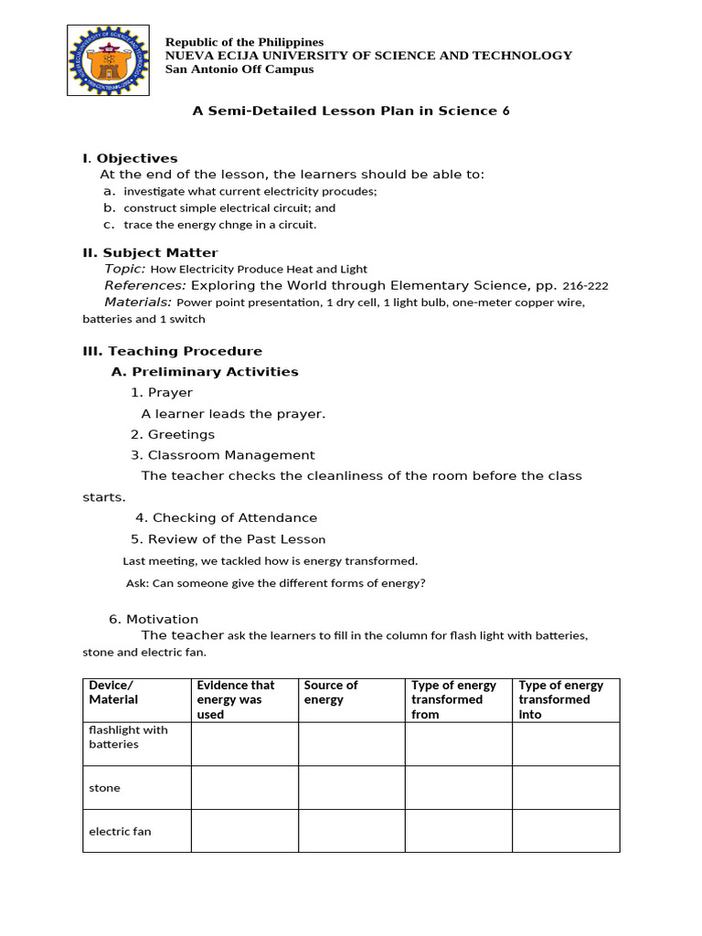 Lesson Plan: Electricity in Science 6 | PDF | Flashlight | Electricity