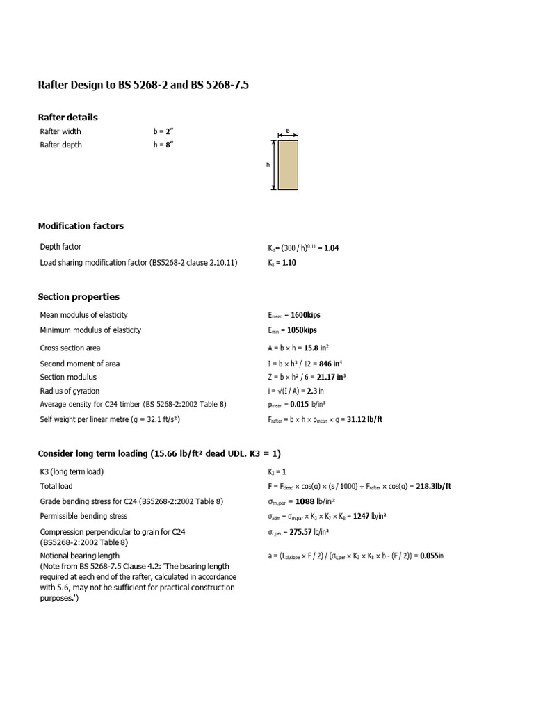Rafter Design Calculations per BS 5268 | PDF | Bending | Young's Modulus