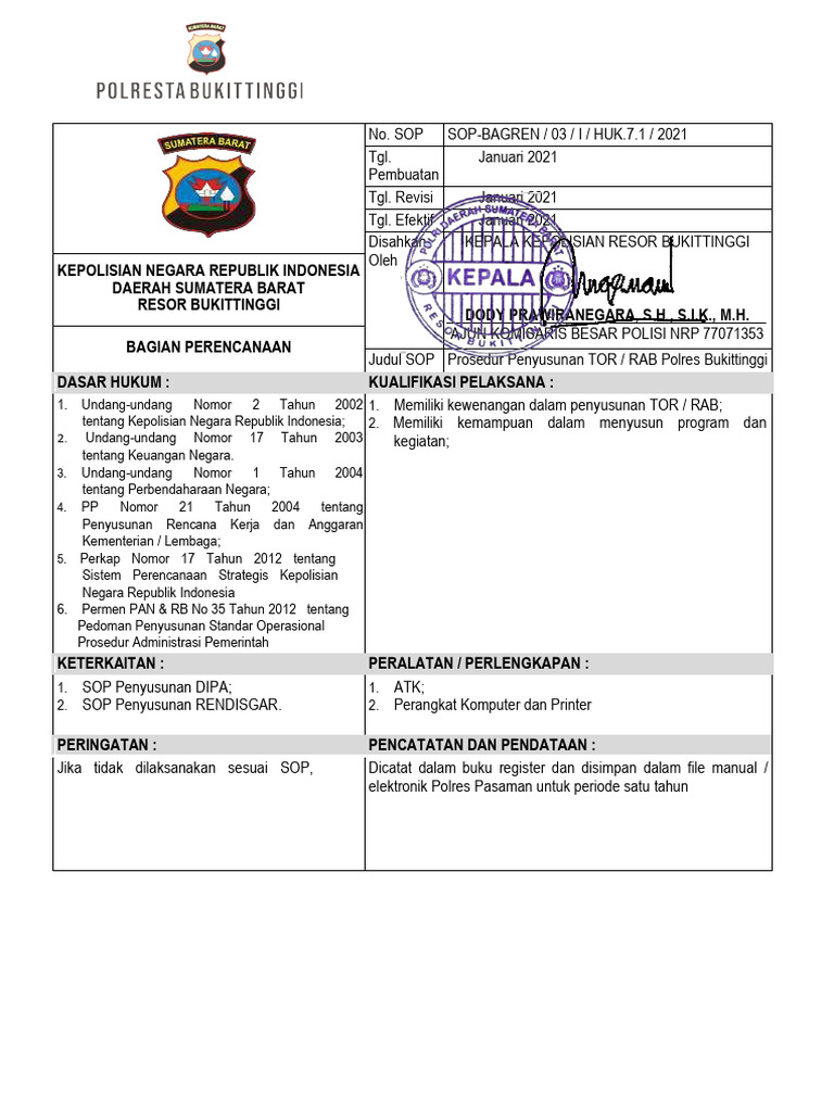 Prosedur Penyusunan TOR/RAB Polres Bukittinggi | PDF