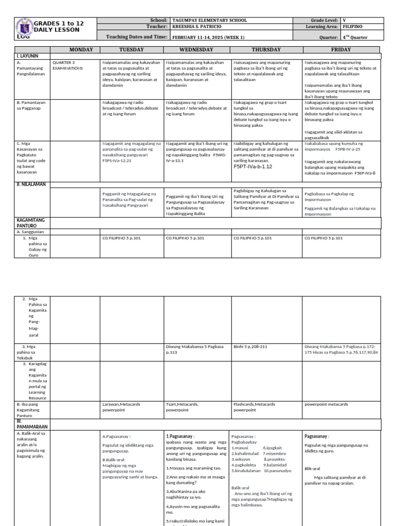 Grade 5 DLL FILIPINO 5 Q4 Week 1 | PDF
