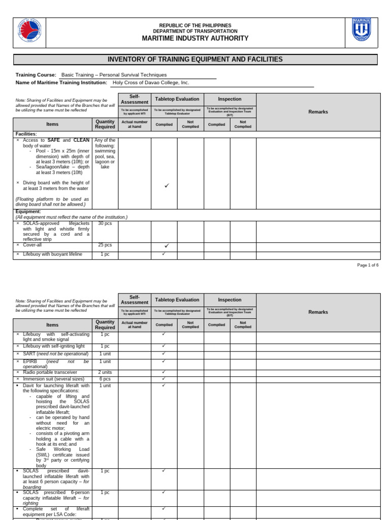 Maritime Training Equipment Inventory | PDF