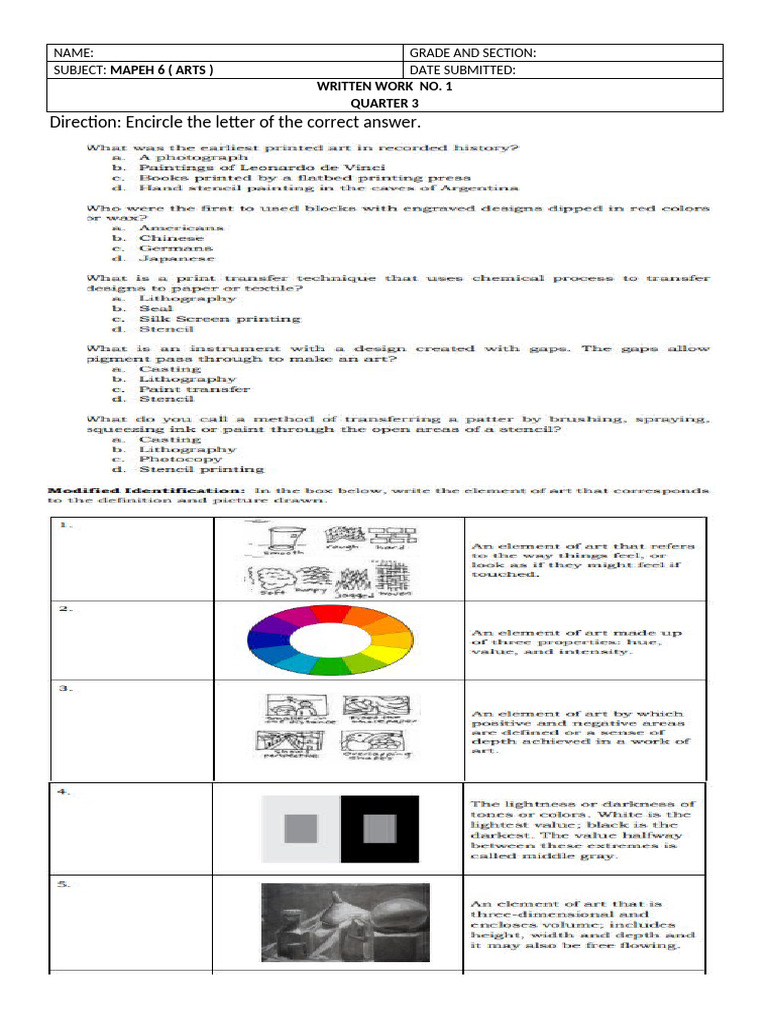 MAPEH 6 Arts Quarter 3 Assessments | PDF