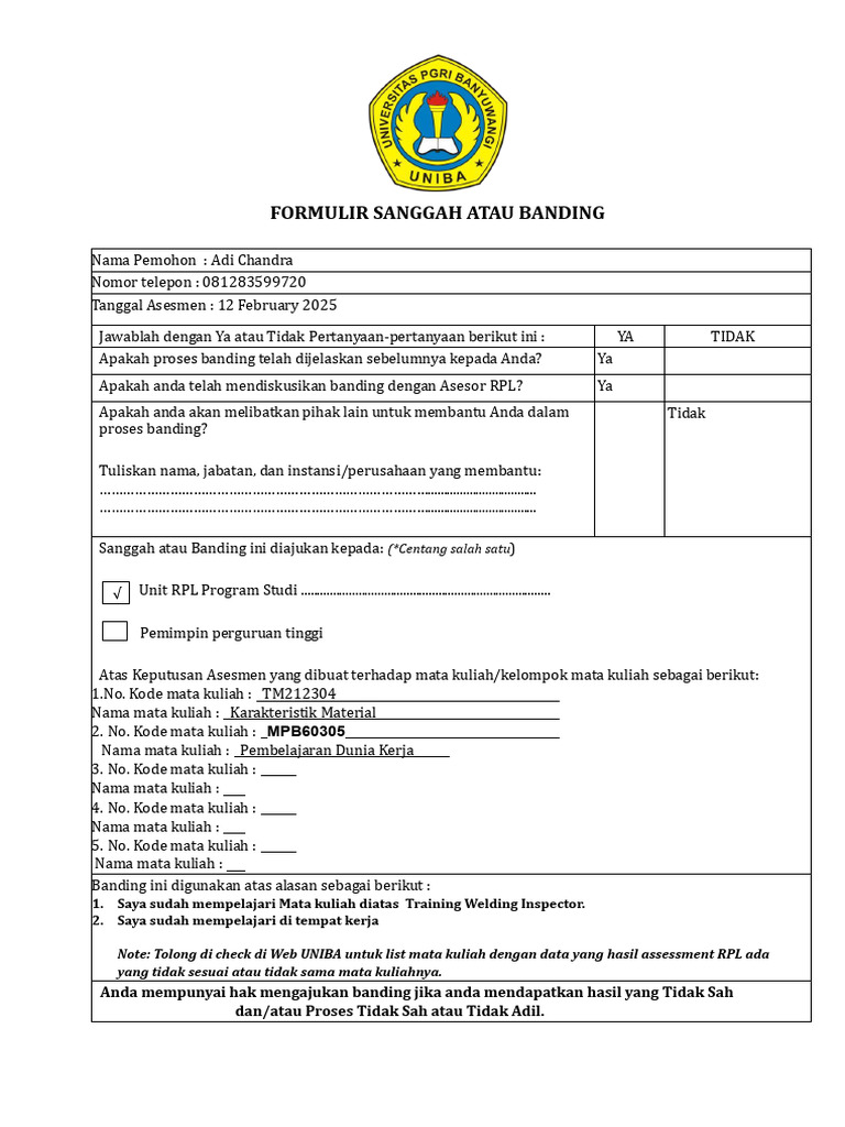 Form Sanggah RPL Adi Chandra Rev.0 | PDF