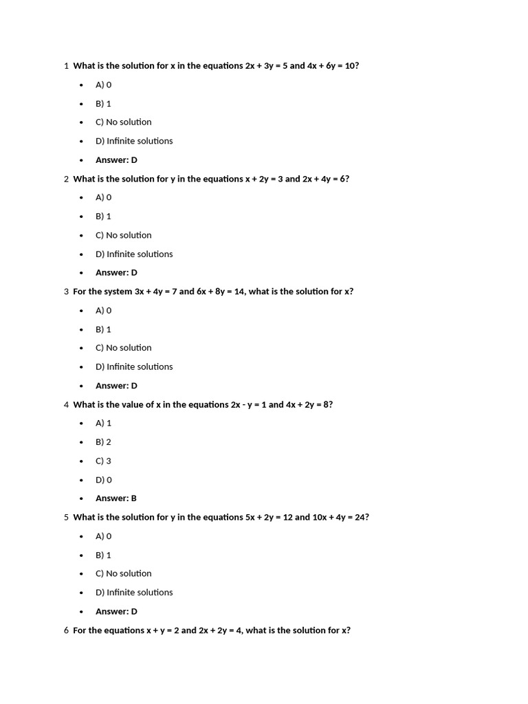 1 A) 0 B) 1 C) No Solution D) Infinite Solutions | PDF | Matrix ...
