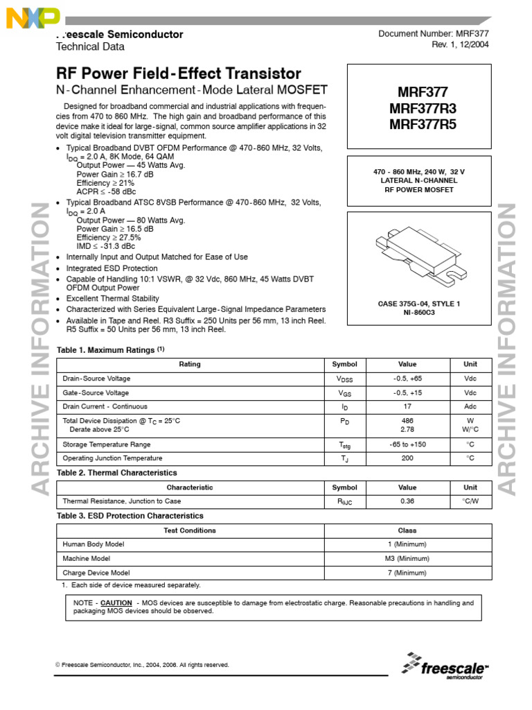 MRF377 RF Power MOSFET Data Sheet | PDF | Mosfet | Field Effect Transistor