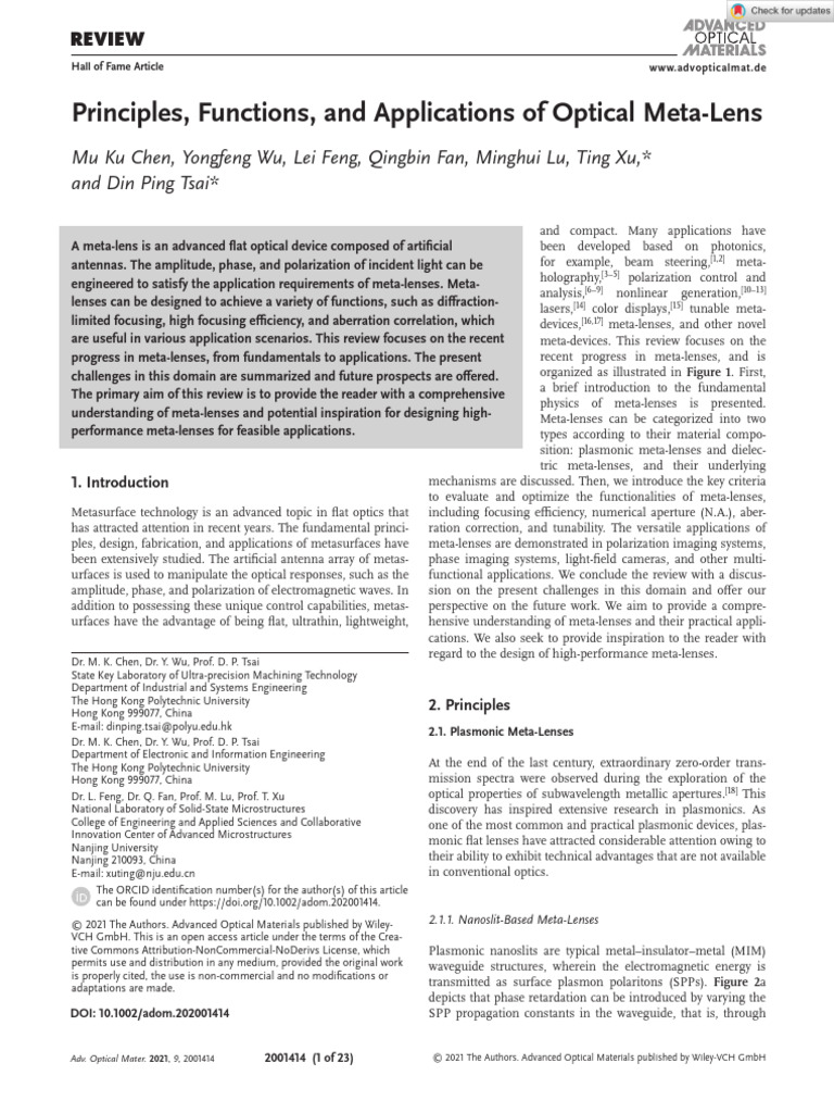 Advanced Optical Materials - 2021 - Chen - Principles Functions and ...