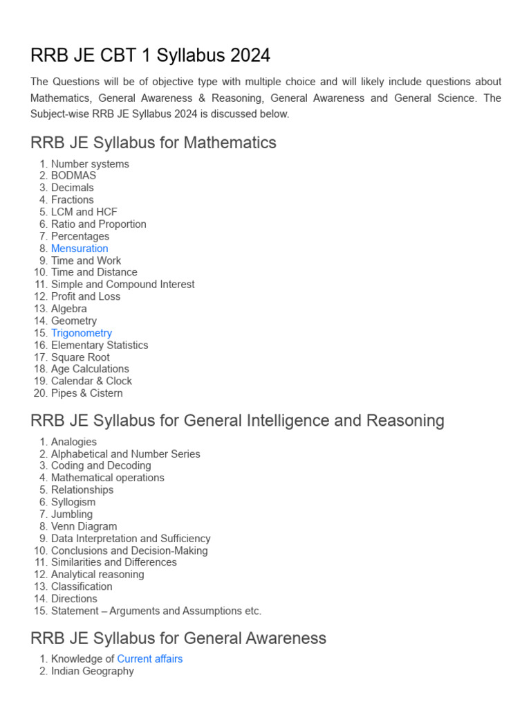 Rrb Je Syllabus 2024 Cbt 1 Syllabus Pdf