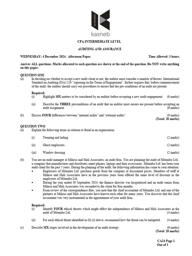Auditing and Assurance Exam Guide 2024 | PDF | Audit | Internal Audit
