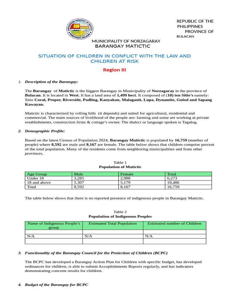 Overview of Barangay Matictic, Bulacan | PDF | Child Abuse | Violence