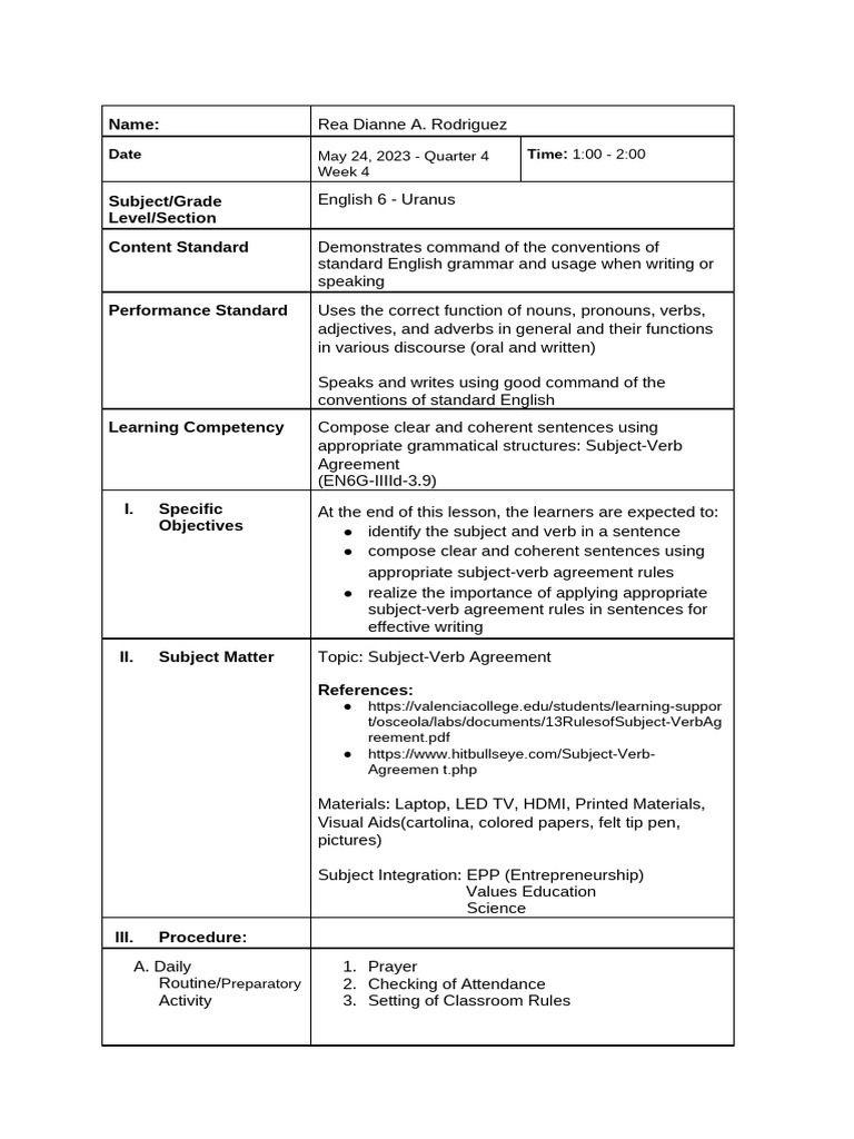 English 6 Q4 W4 LP Bcsses 5 | PDF | Grammatical Number | Verb
