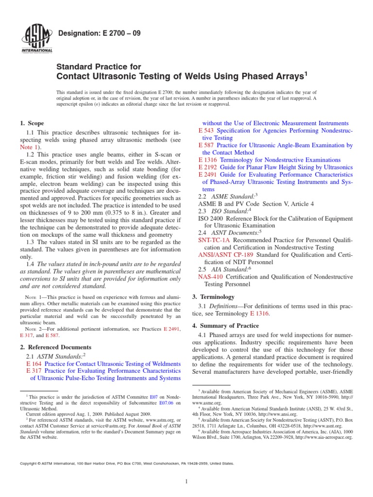 E2700-09 Standard Practice For Contact Ultrasonic Testing of Welds 