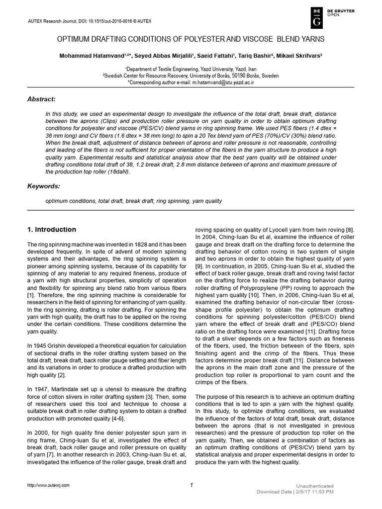 Optimum Yarn Drafting Conditions | PDF | Spinning (Textiles) | Yarn