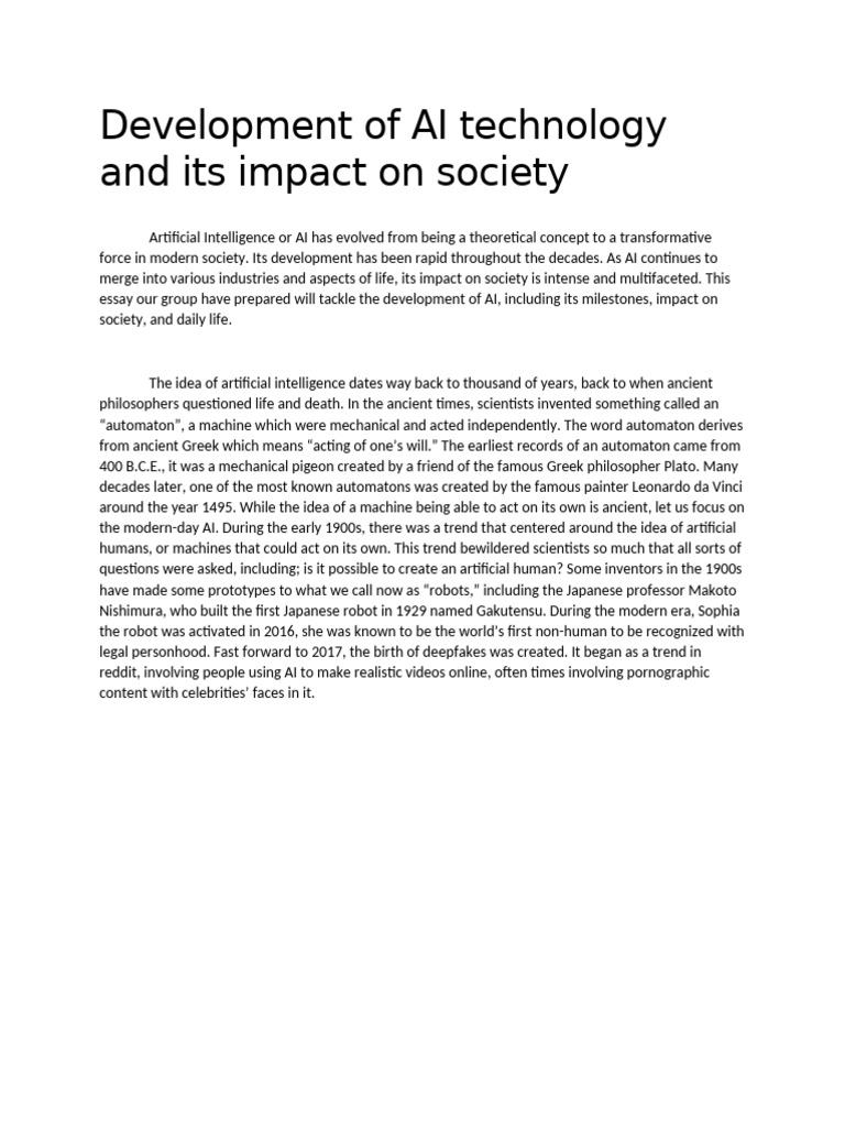 Development of AI Technology and Its Impact On Society | PDF
