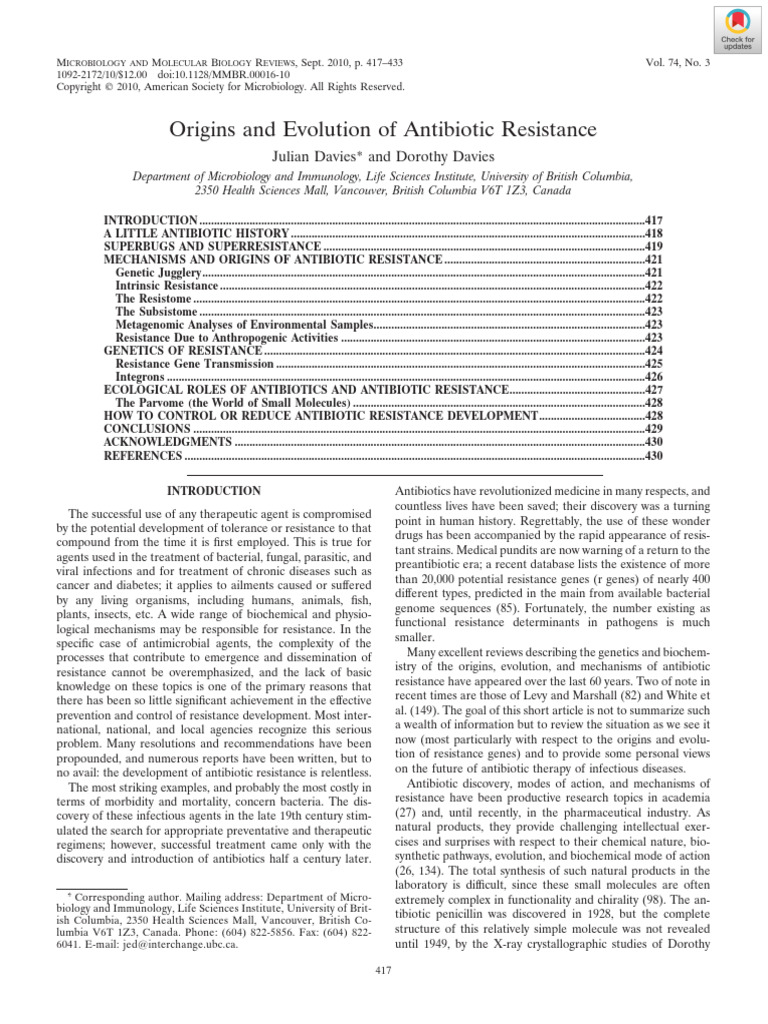 Davies Davies 2010 Origins and Evolution of Antibiotic Resistance | PDF ...