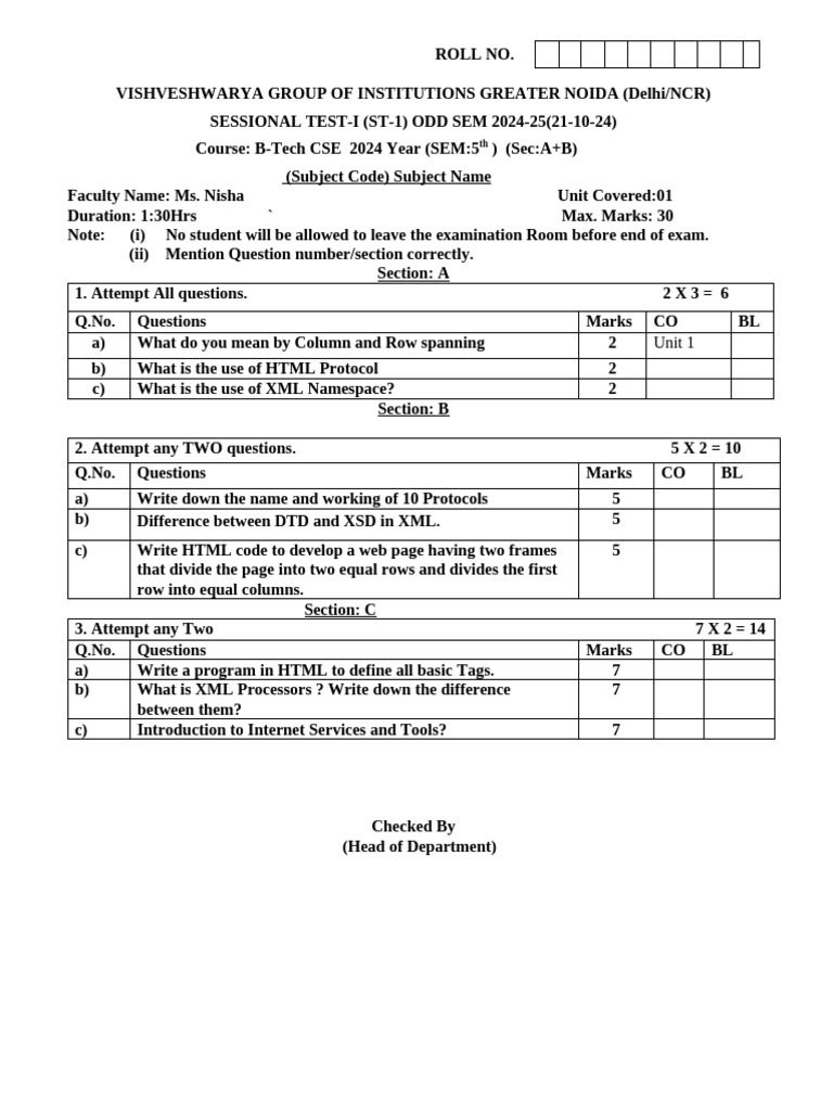 B-Tech CSE Sessional Test I 2024-25 | PDF | Internet Protocol Suite ...