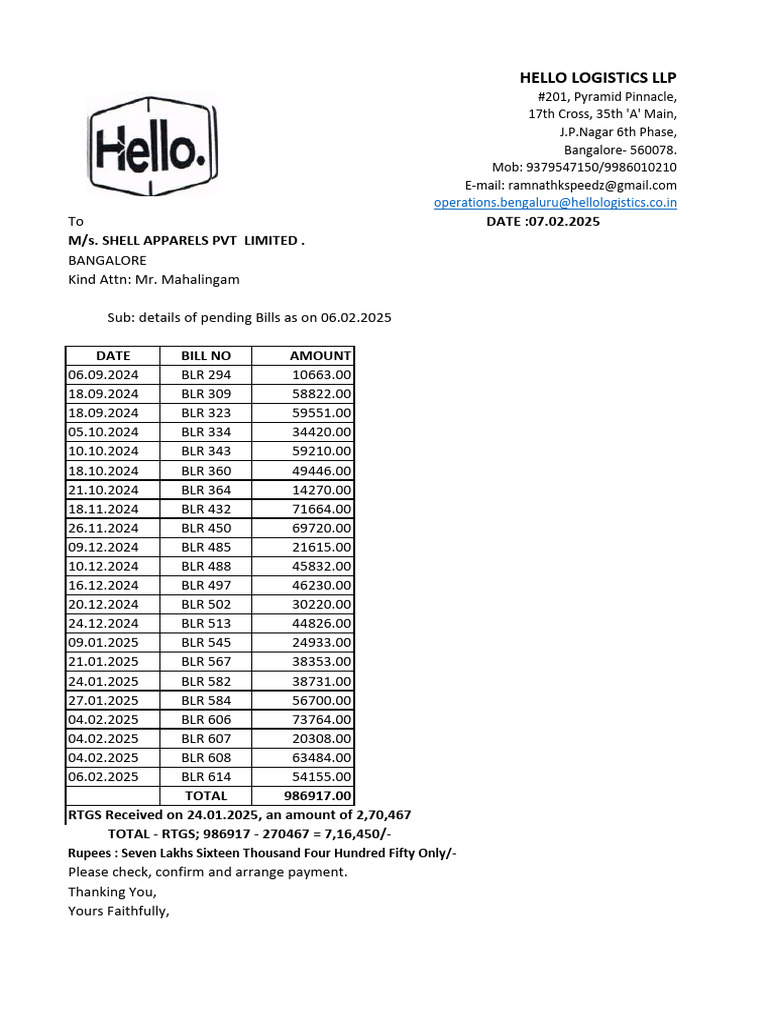 Pending Bills Summary for Hello Logistics | PDF