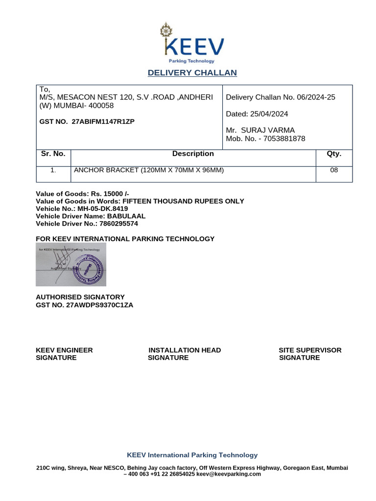 Keev International Parking Delivery Challan | PDF