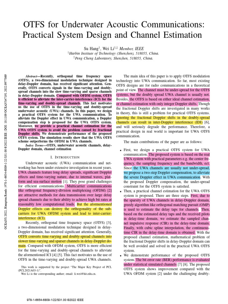 OTFS Channel Estimation for UWA Systems | PDF | Orthogonal Frequency ...