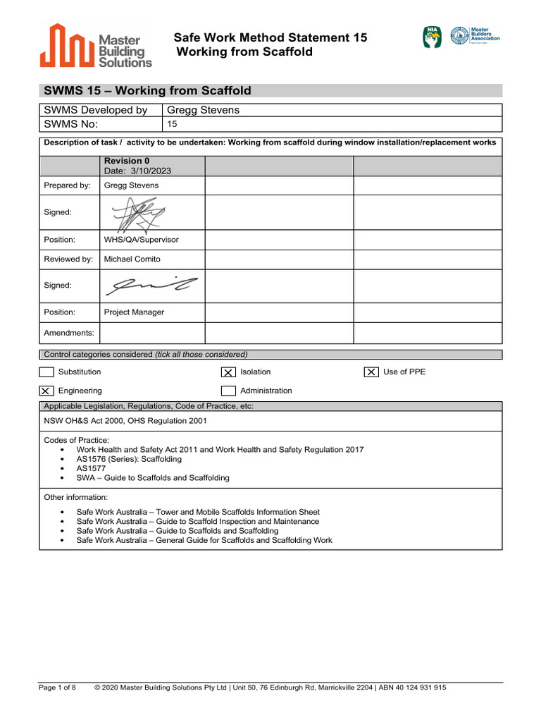 Generic SWMS 15 Working From Scaffold | PDF | Scaffolding ...