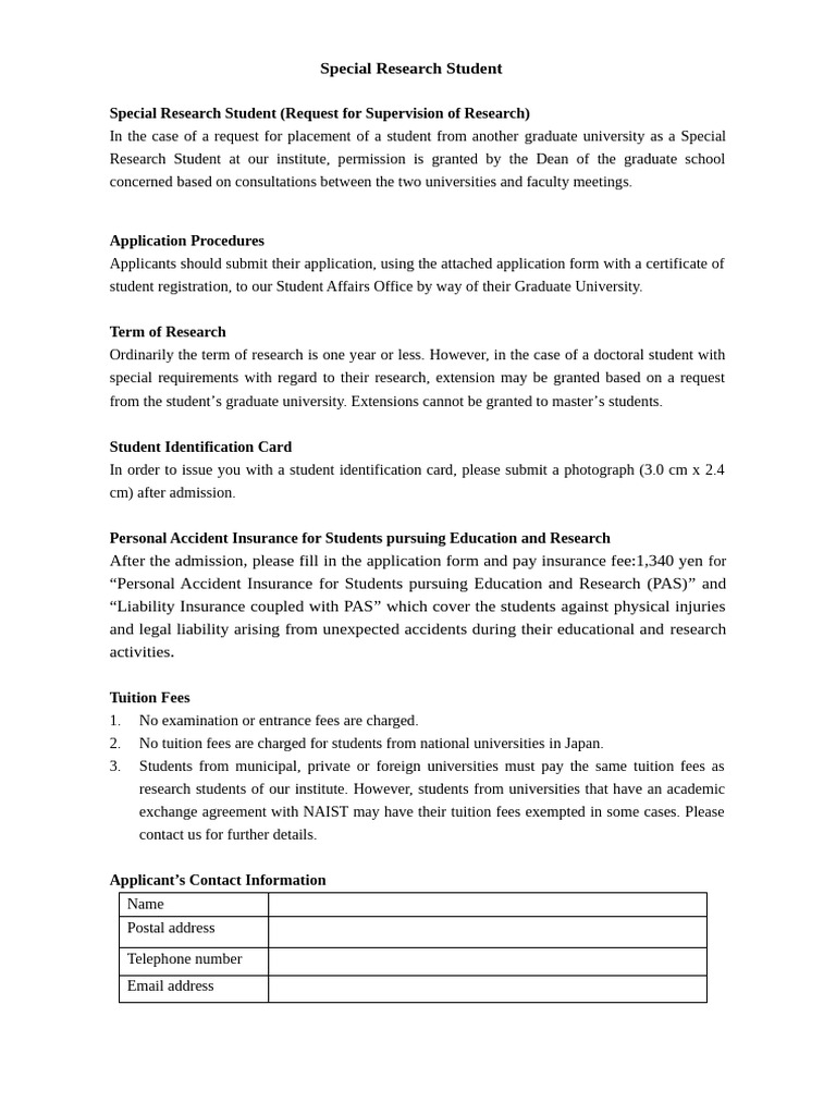 Special Research Student Application Guide | PDF | University | Insurance