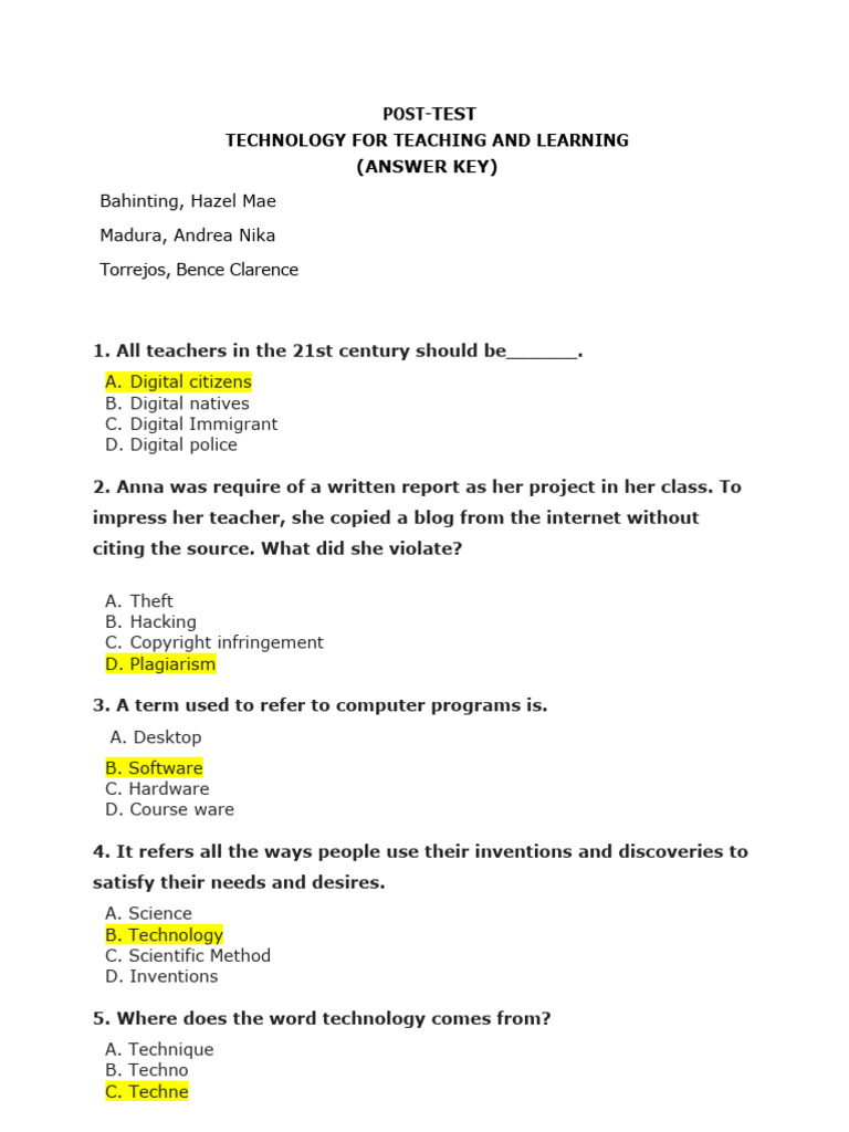 TTL Answer Key Post Test | PDF | Educational Technology | Information ...