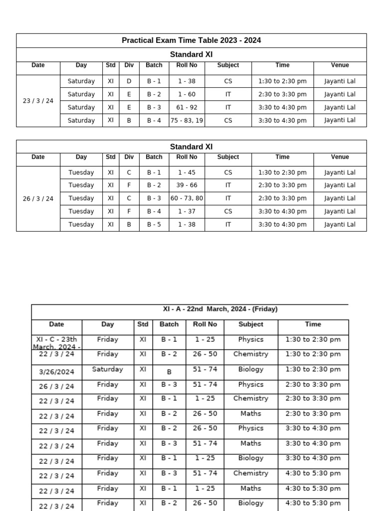 Practical Exam Time Table 2023 - 2024 | PDF
