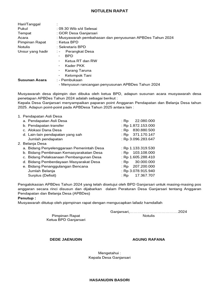 Notulen Musdes APBDes 2024 Ganjarsari | PDF