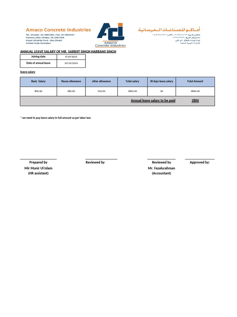Annual Leave Salary Breakdown for Mr. Singh | PDF