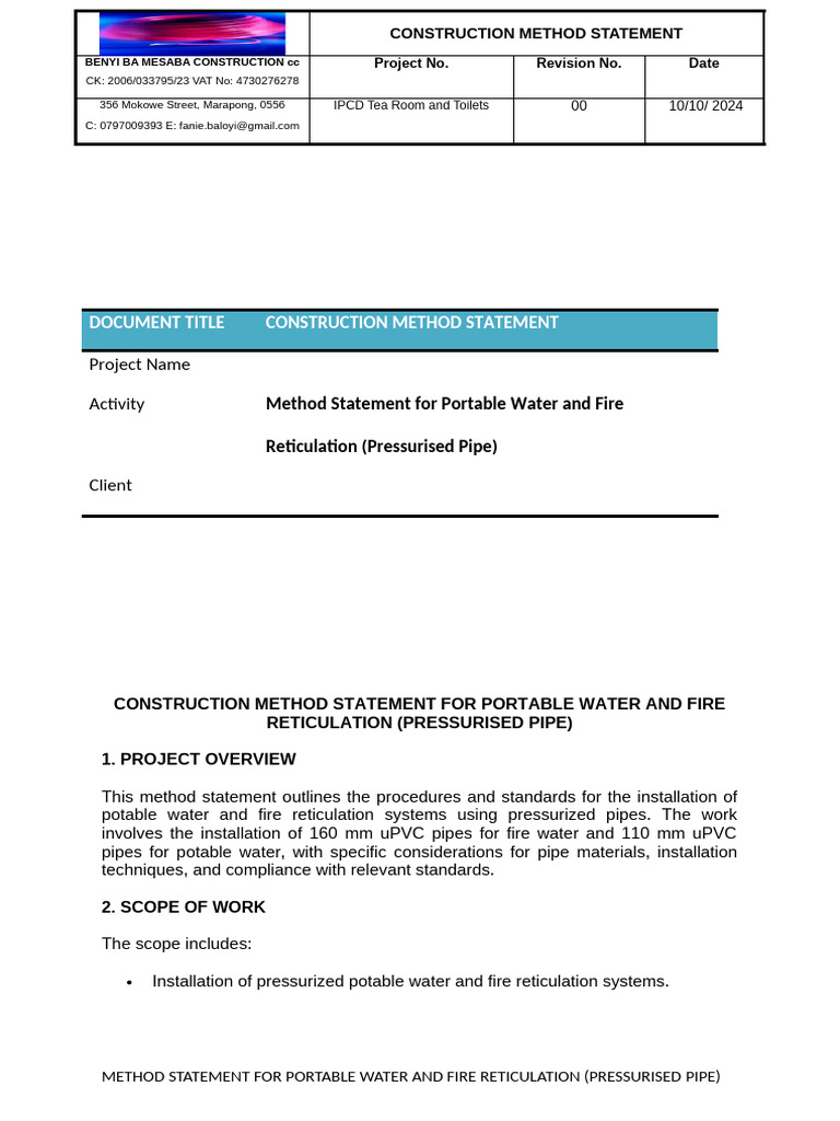 Portable Water & Fire Reticulation Method | PDF | Pipe (Fluid ...