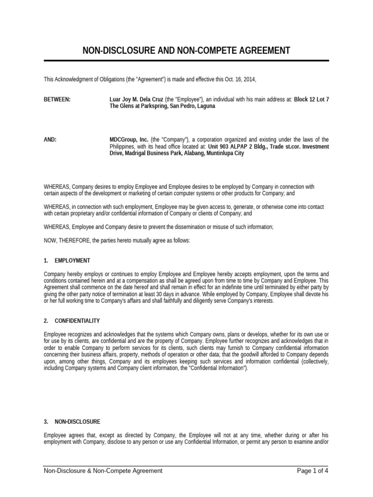Non-Disclosure and Non-Compete Agreement | PDF | Non Disclosure ...
