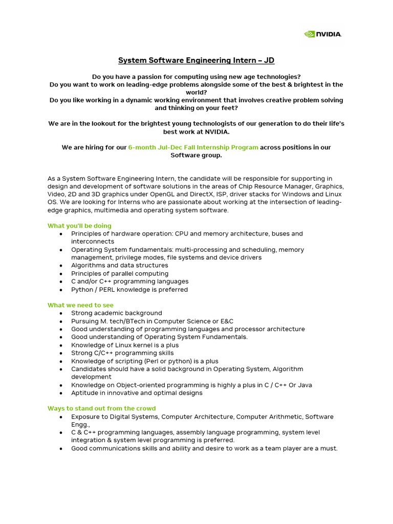 System Software Engineering Intern Role | PDF | Operating System ...
